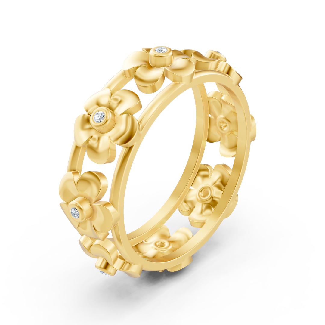 Bague de promesse en or jaune 14 carats avec diamants et fleur