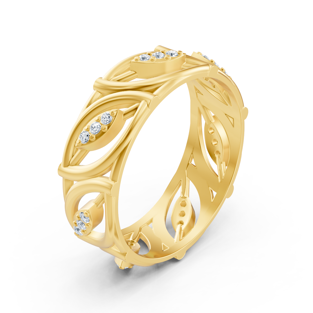Modern yellow gold ring with round diamonds in prong design