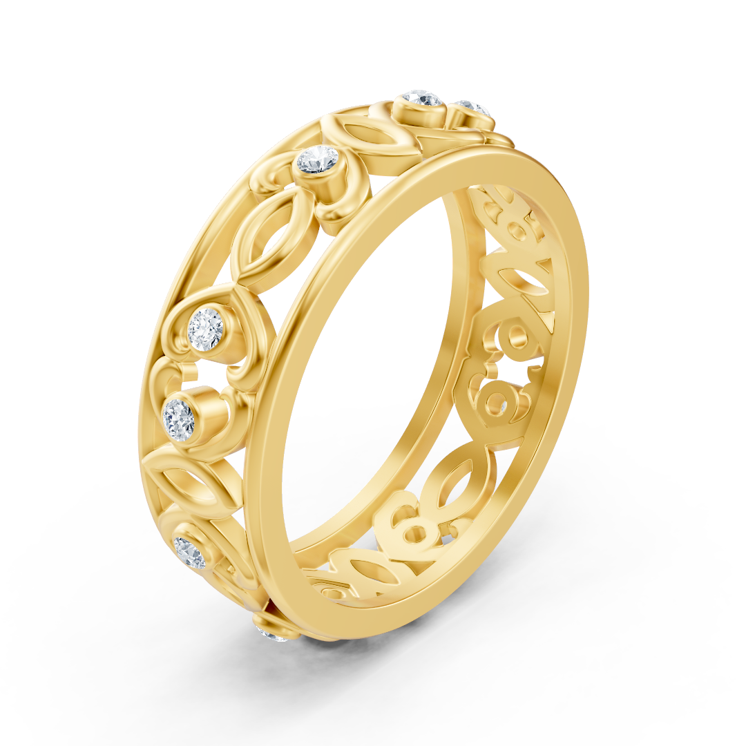 Modern yellow gold ring with round diamonds in bezel design