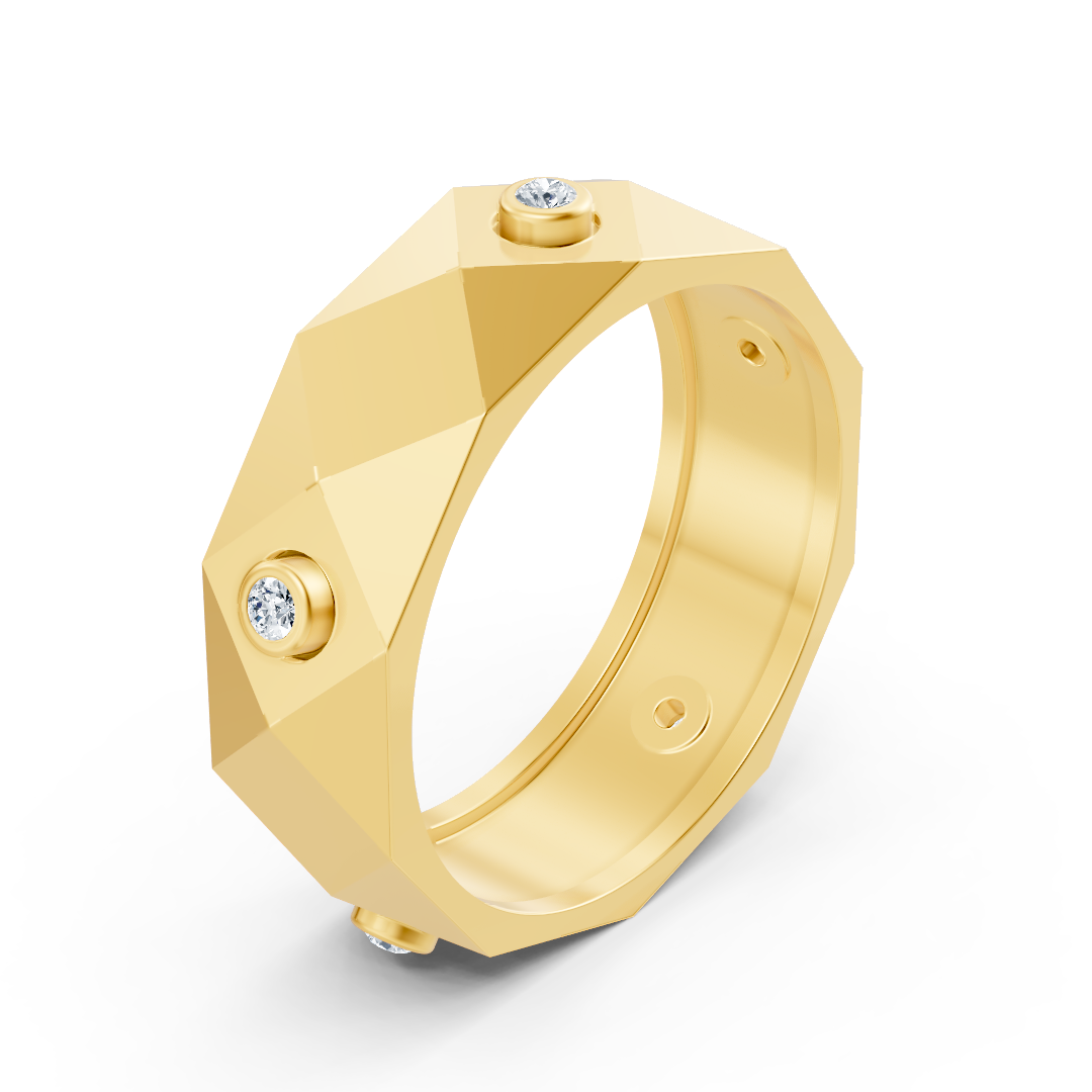 Modern yellow gold ring with round diamonds in bezel design