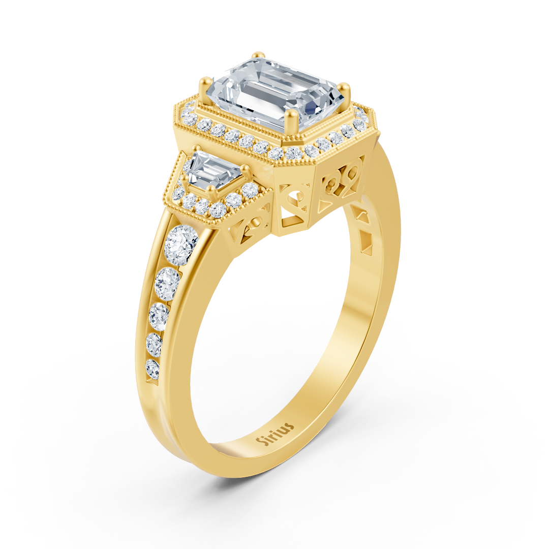 Diamond, Emerald &amp; Ruby Halo Engagement Ring in Yellow Gold