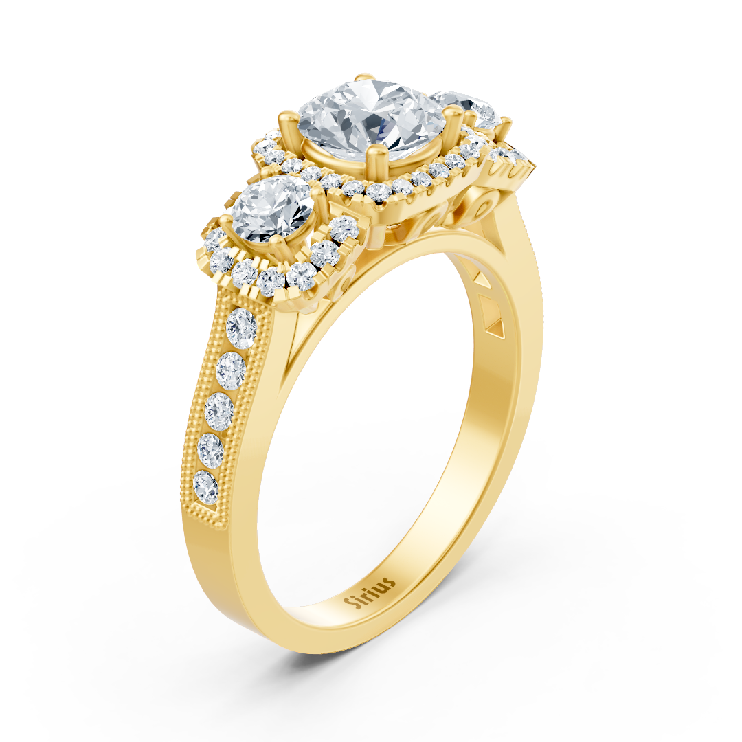 Yellow gold halo three-stone diamond ring