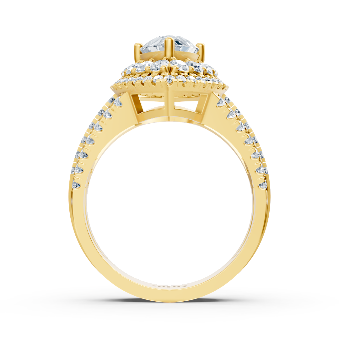 Yellow gold halo ring with marquise diamond &amp; rubies