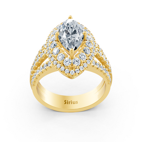 Yellow gold halo ring with marquise diamond &amp; rubies