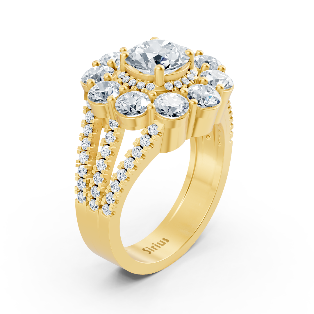 Yellow gold halo ring with diamonds, emeralds &amp; rubies