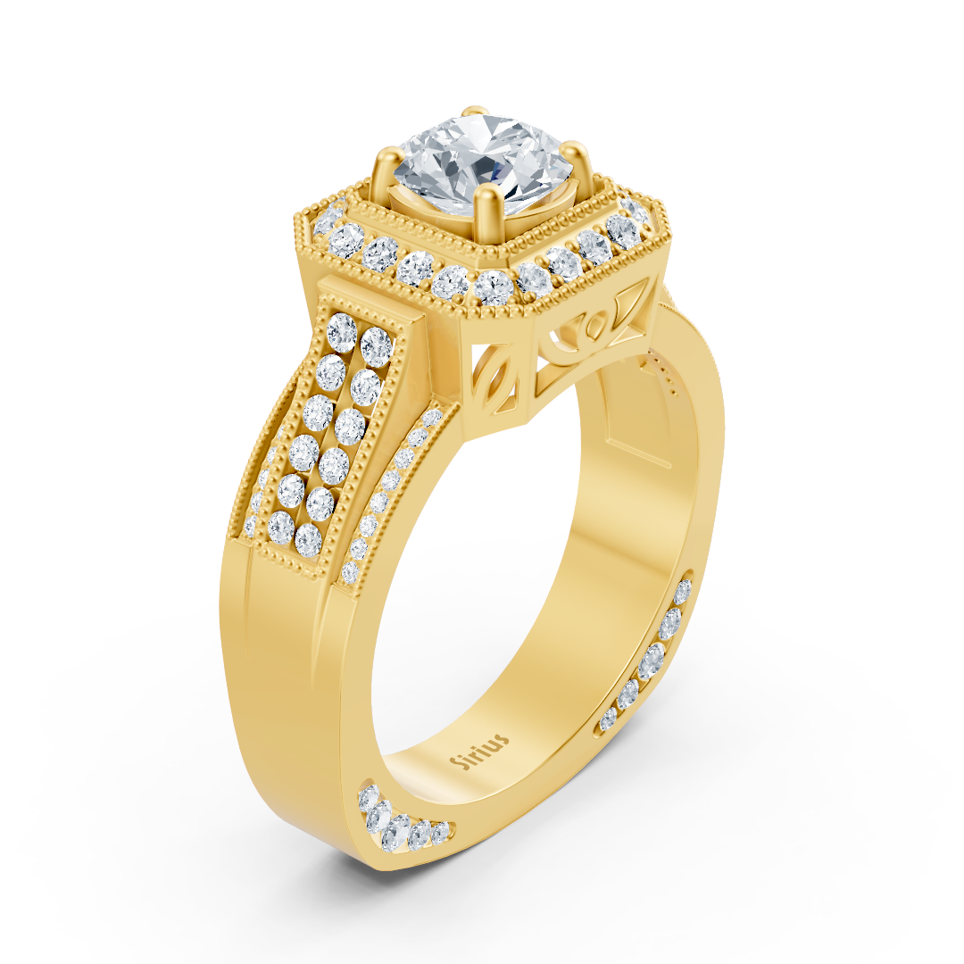 Birgie Sirius yellow gold passion halo diamond ring with octagon cut ring