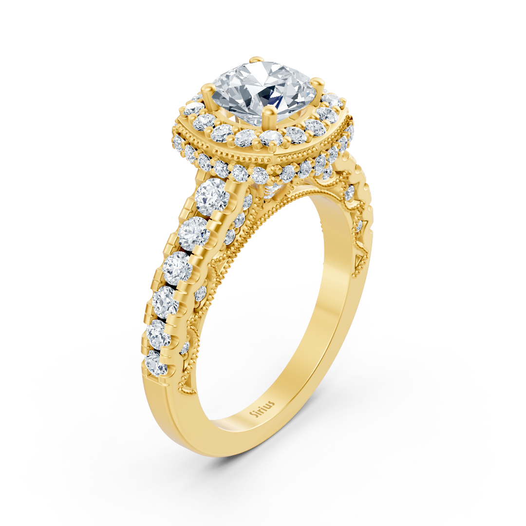 Birgie Sirius yellow gold halo round cut diamond engagement ring