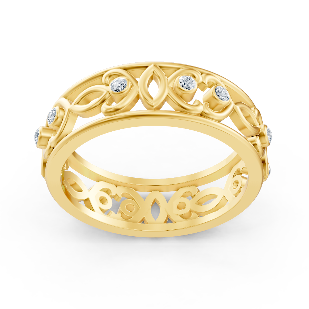 Modern yellow gold ring with round diamonds in bezel design