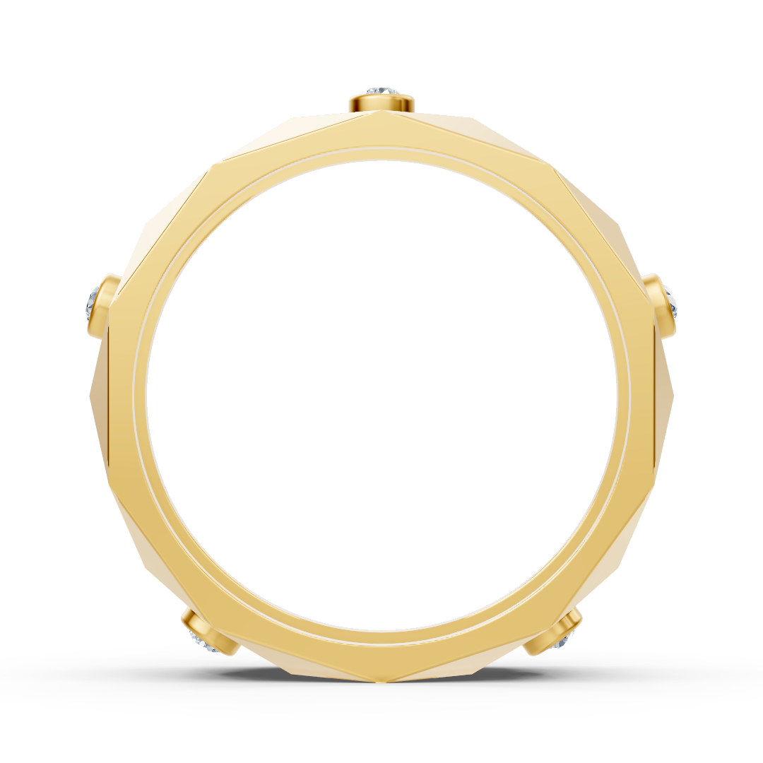 Modern yellow gold ring with round diamonds in bezel design