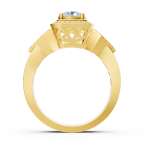Diamond side stone halo engagement ring in yellow gold