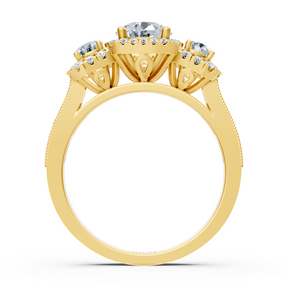 Yellow gold halo three-stone diamond ring