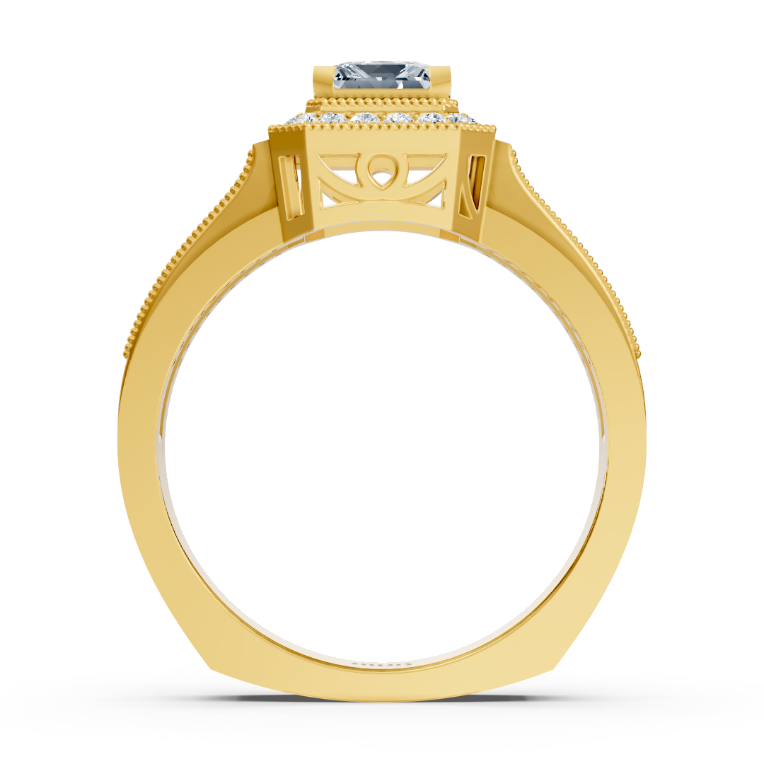 Birgie Sirius Yellow Gold Diamond &amp; Sapphire Halo Ring with Princess &amp; Round Cut