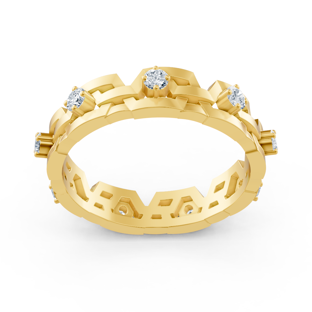 Geometric yellow gold ring with diamonds