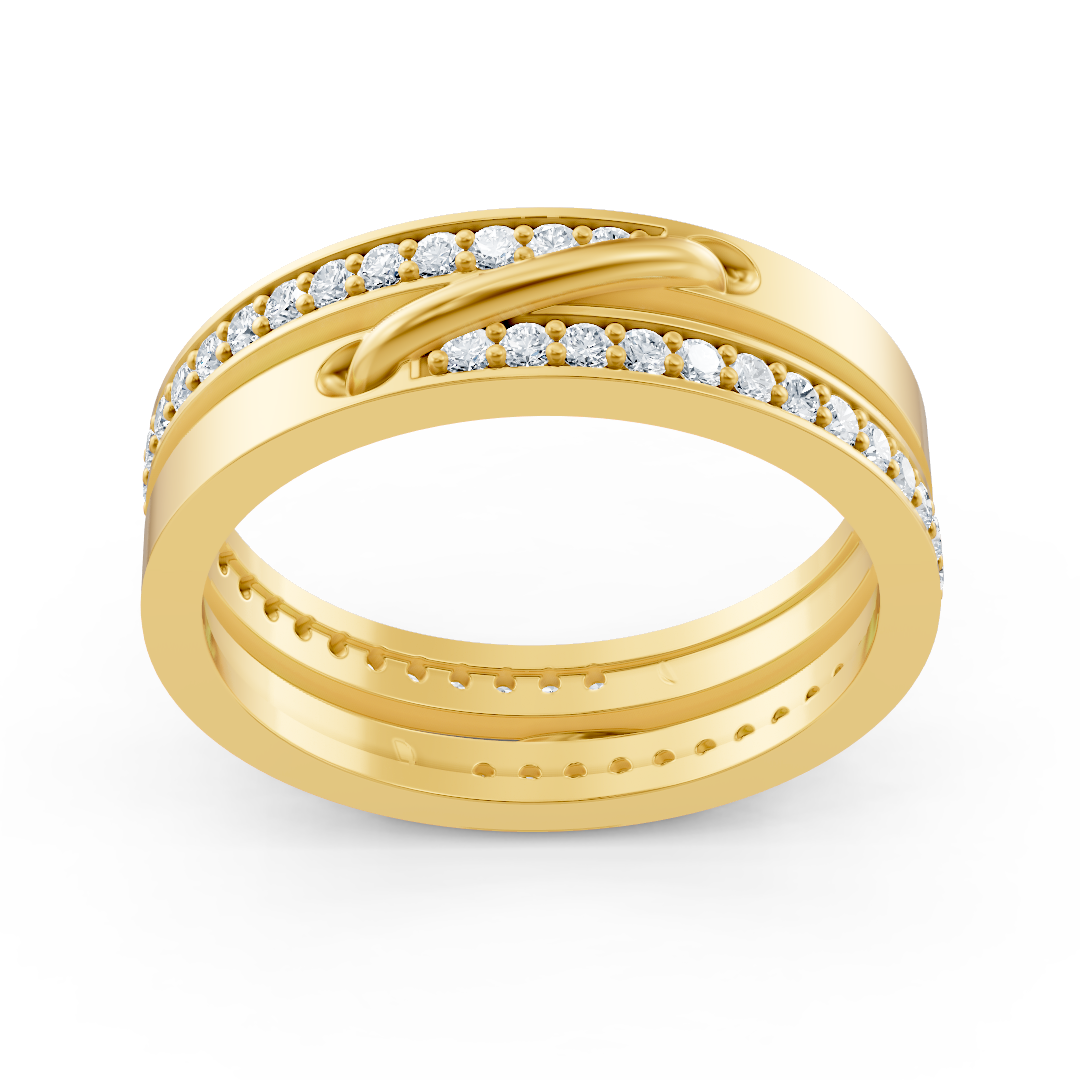 Yellow gold diamond ring with pavé setting and curved accent