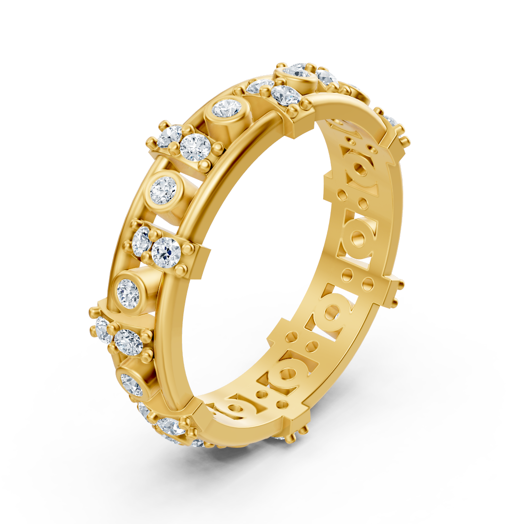 Bague mémoire en or jaune 14 carats avec diamants - bague femme moderne avec sertissage à griffes et lunette