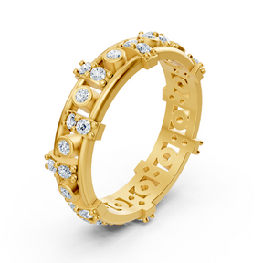 14 carat yellow gold diamond memoire ring - modern ladies' ring with bezel and prong setting