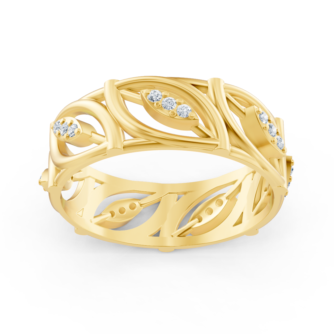 Modern yellow gold ring with round diamonds in prong design