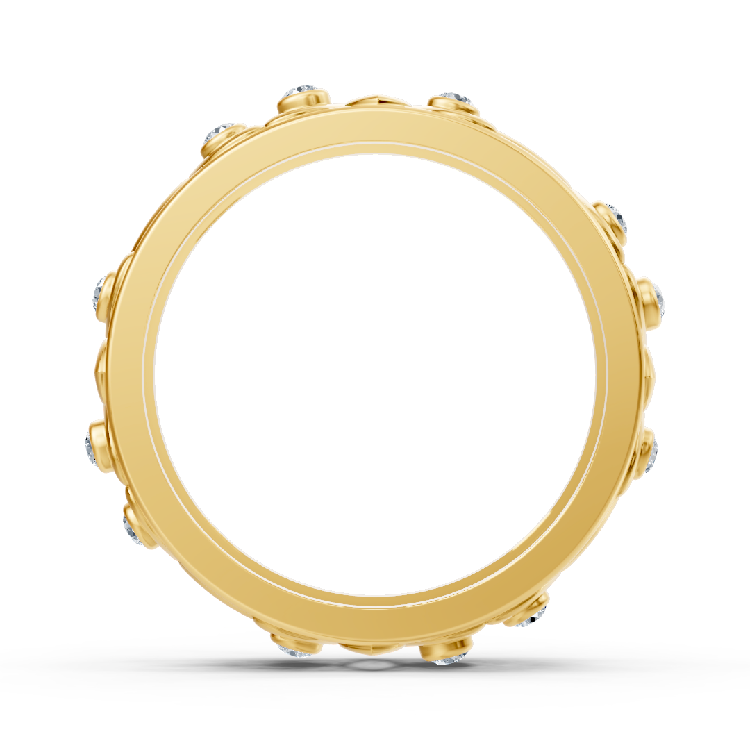 Modern yellow gold ring with round diamonds in bezel design