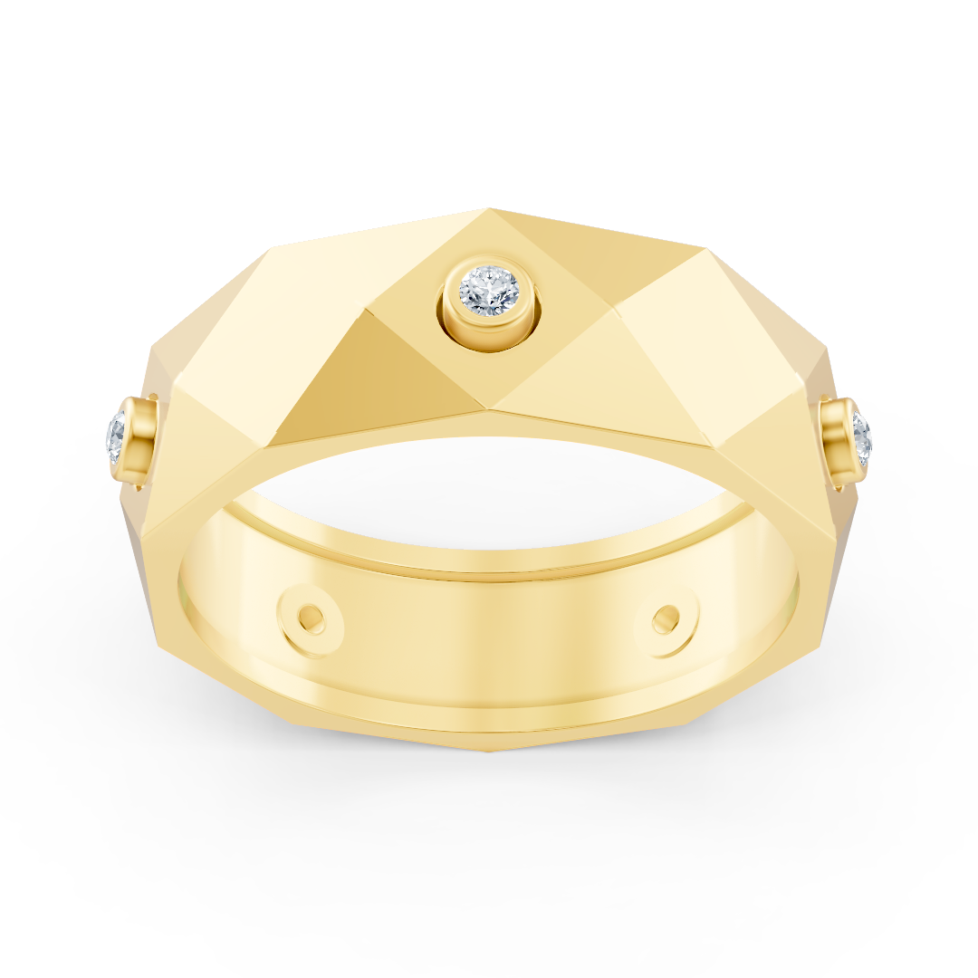Modern yellow gold ring with round diamonds in bezel design
