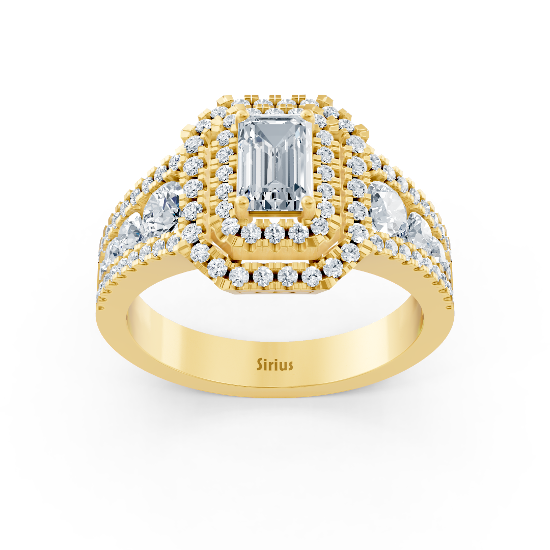 Bague de fiançailles halo diamant et saphir en or jaune