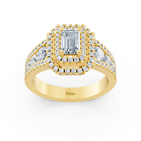 Bague de fiançailles halo diamant et saphir en or jaune