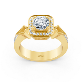 Diamond side stone halo engagement ring in yellow gold