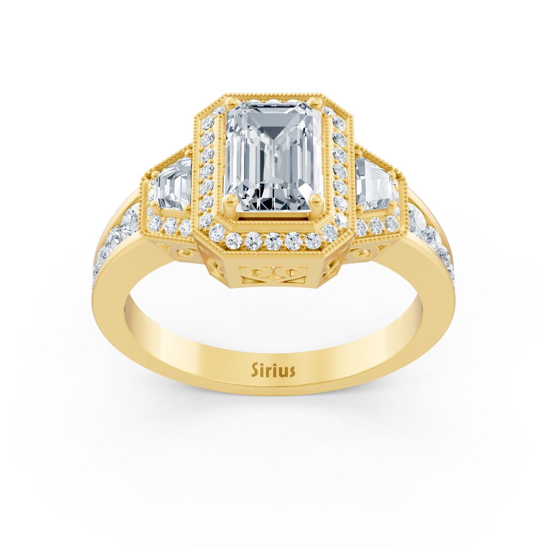 Diamond, Emerald &amp; Ruby Halo Engagement Ring in Yellow Gold