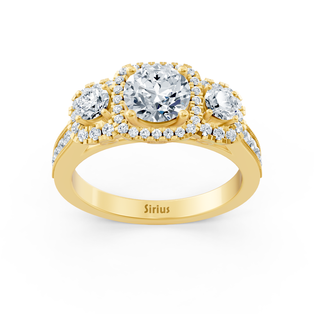 Yellow gold halo three-stone diamond ring