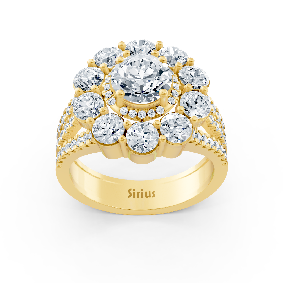 Yellow gold halo ring with diamonds, emeralds &amp; rubies