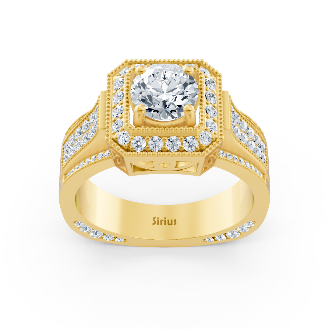 Birgie Sirius yellow gold passion halo diamond ring with octagon cut ring