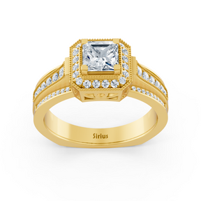 Bague halo en or jaune et diamants et saphirs Birgie Sirius, taille princesse et ronde