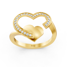 Bague diamant cœur rayon de soleil en or jaune avec sertissage pavé