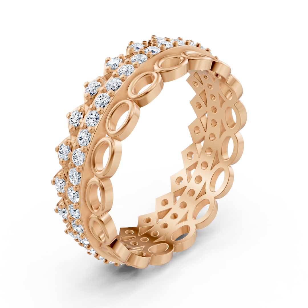 Luxurious 14K rose gold memoire ring with diamonds