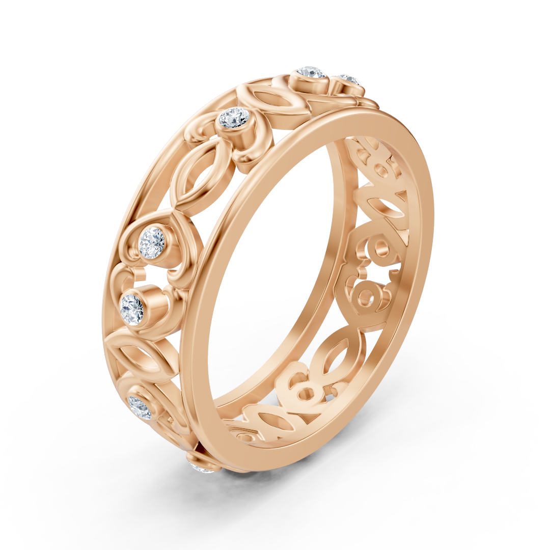 Modern rose gold ring with round diamonds in bezel design