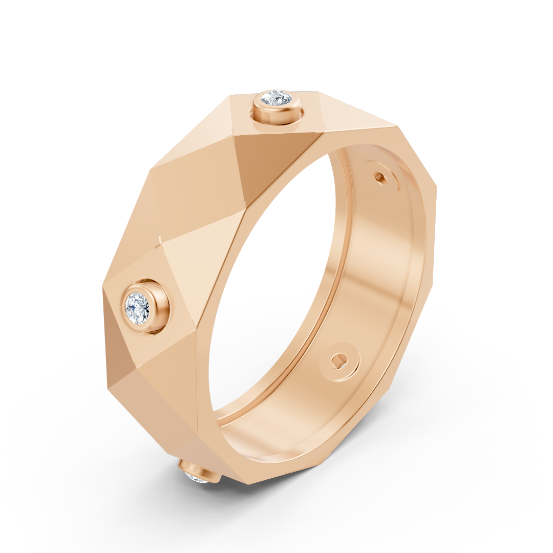 Modern rose gold ring with round diamonds in bezel design