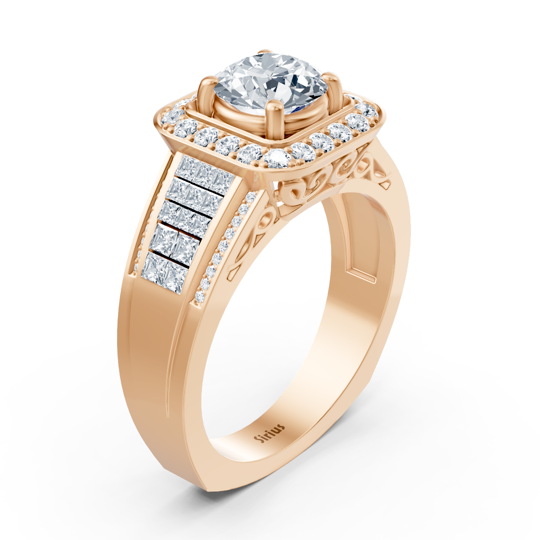 Sparkling princess and brilliant cut diamond engagement ring in 14 carat rose gold