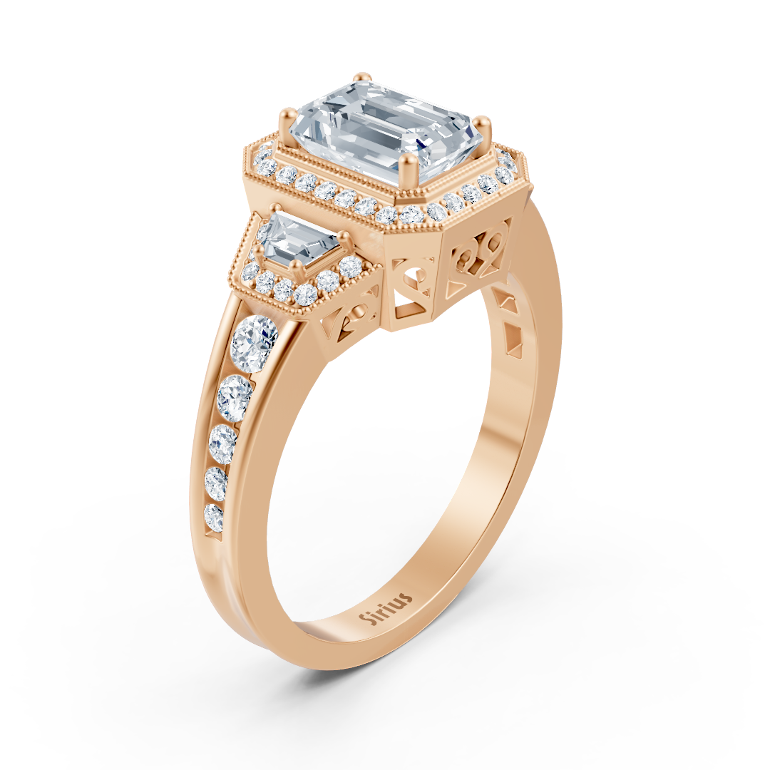 Diamond, Emerald &amp; Ruby Halo Engagement Ring in Rose Gold