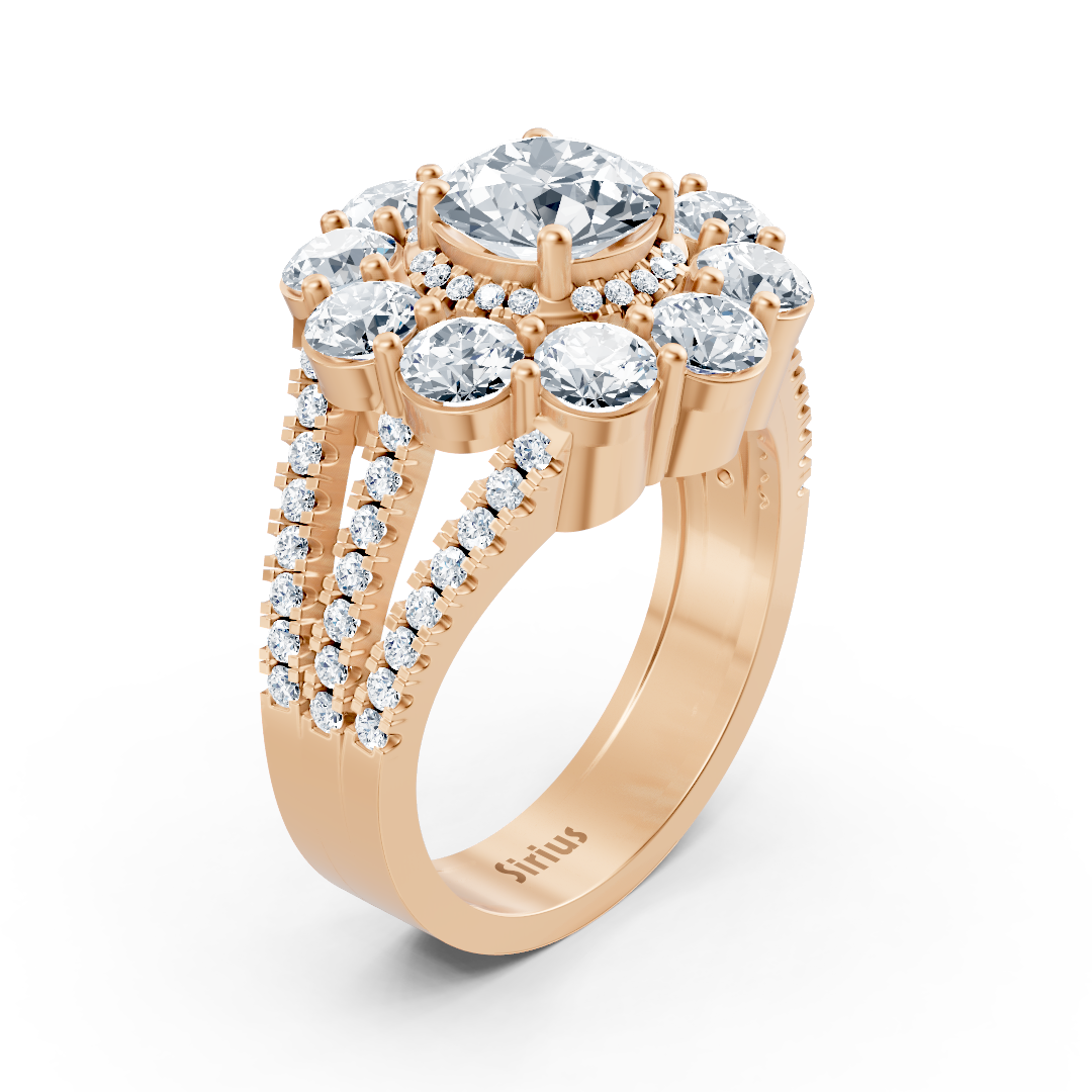 Rose gold halo ring with diamonds, emeralds &amp; rubies