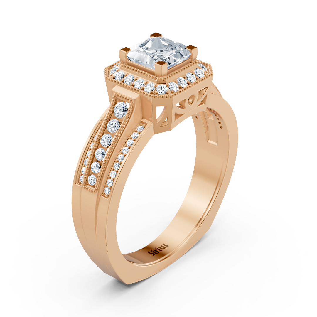 Birgie Sirius rose gold diamond &amp; sapphire halo ring with princess &amp; round cut