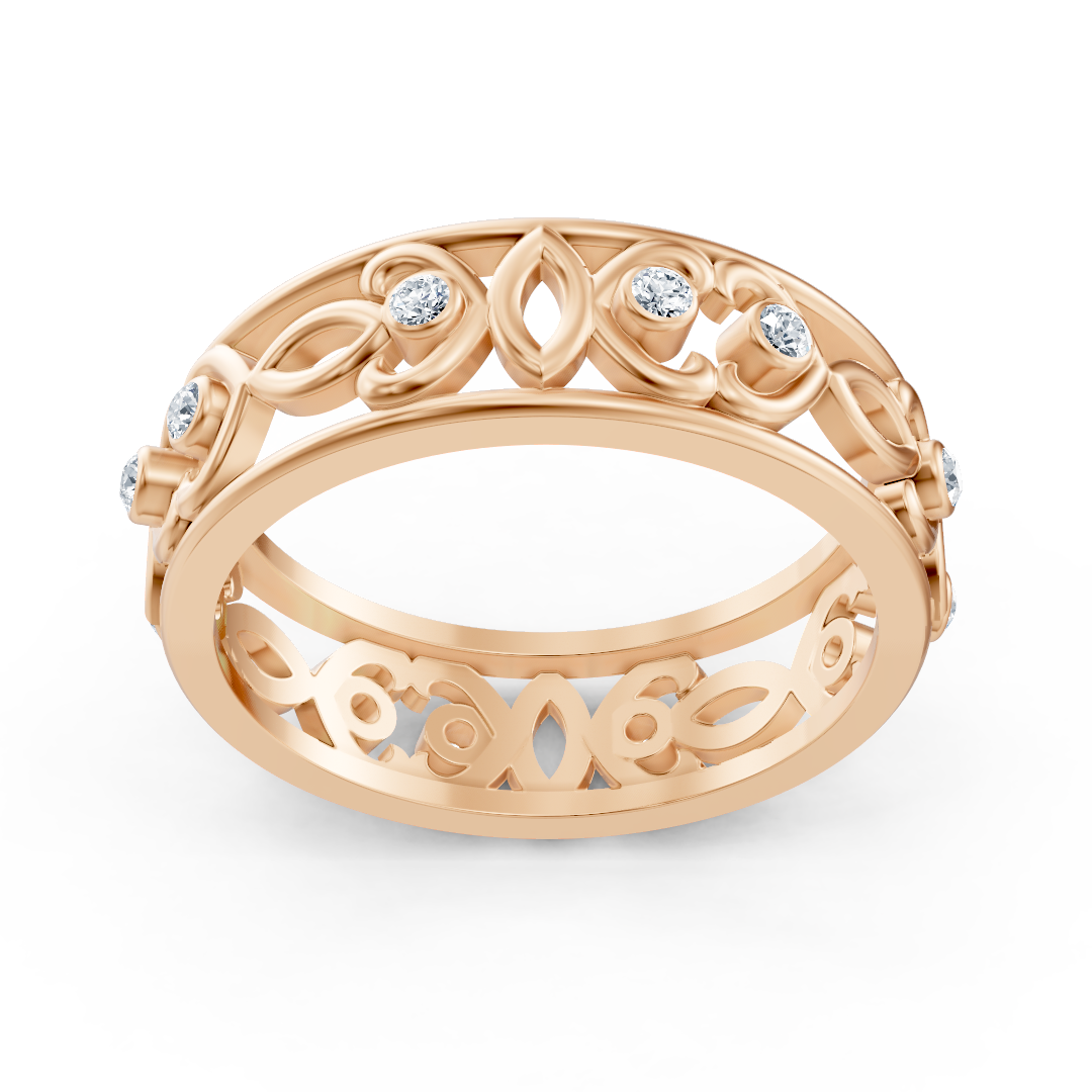 Modern rose gold ring with round diamonds in bezel design