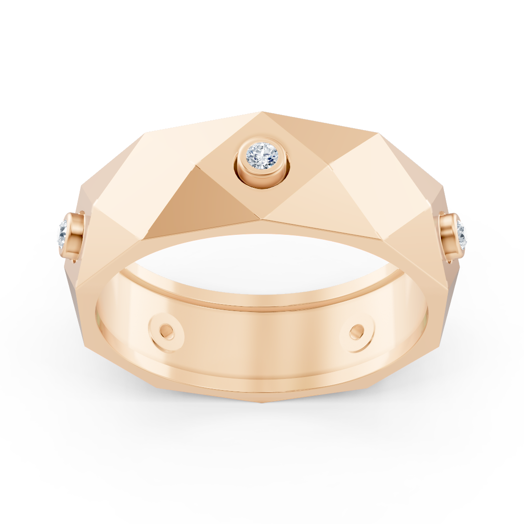 Modern rose gold ring with round diamonds in bezel design