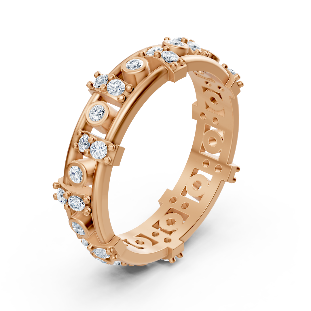 14 Karat Rosegold Diamant Memoire Ring - Moderner Damenring mit Zargen- und Krappenfassung