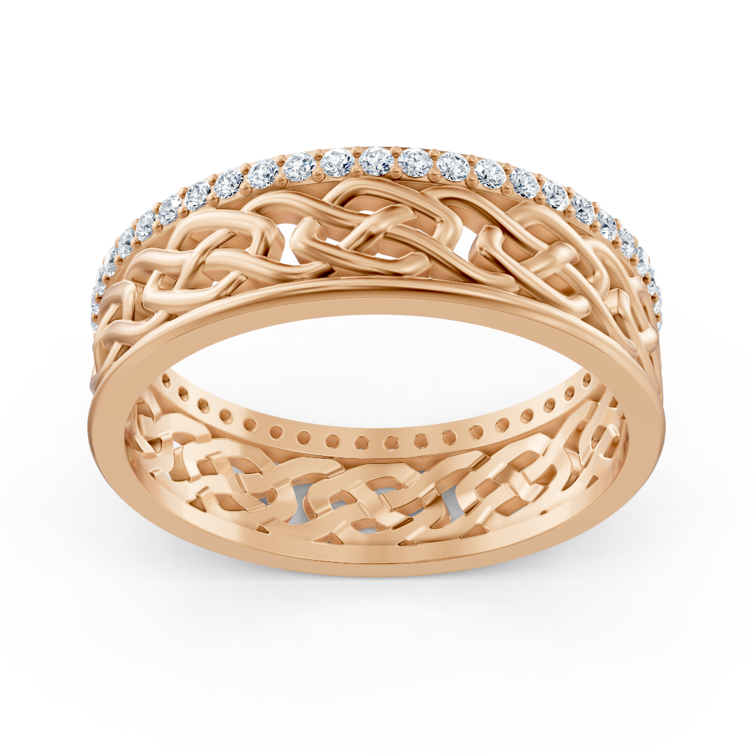 Modern rose gold ring with round diamonds in prong design