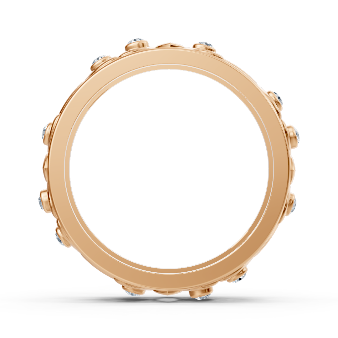 Modern rose gold ring with round diamonds in bezel design