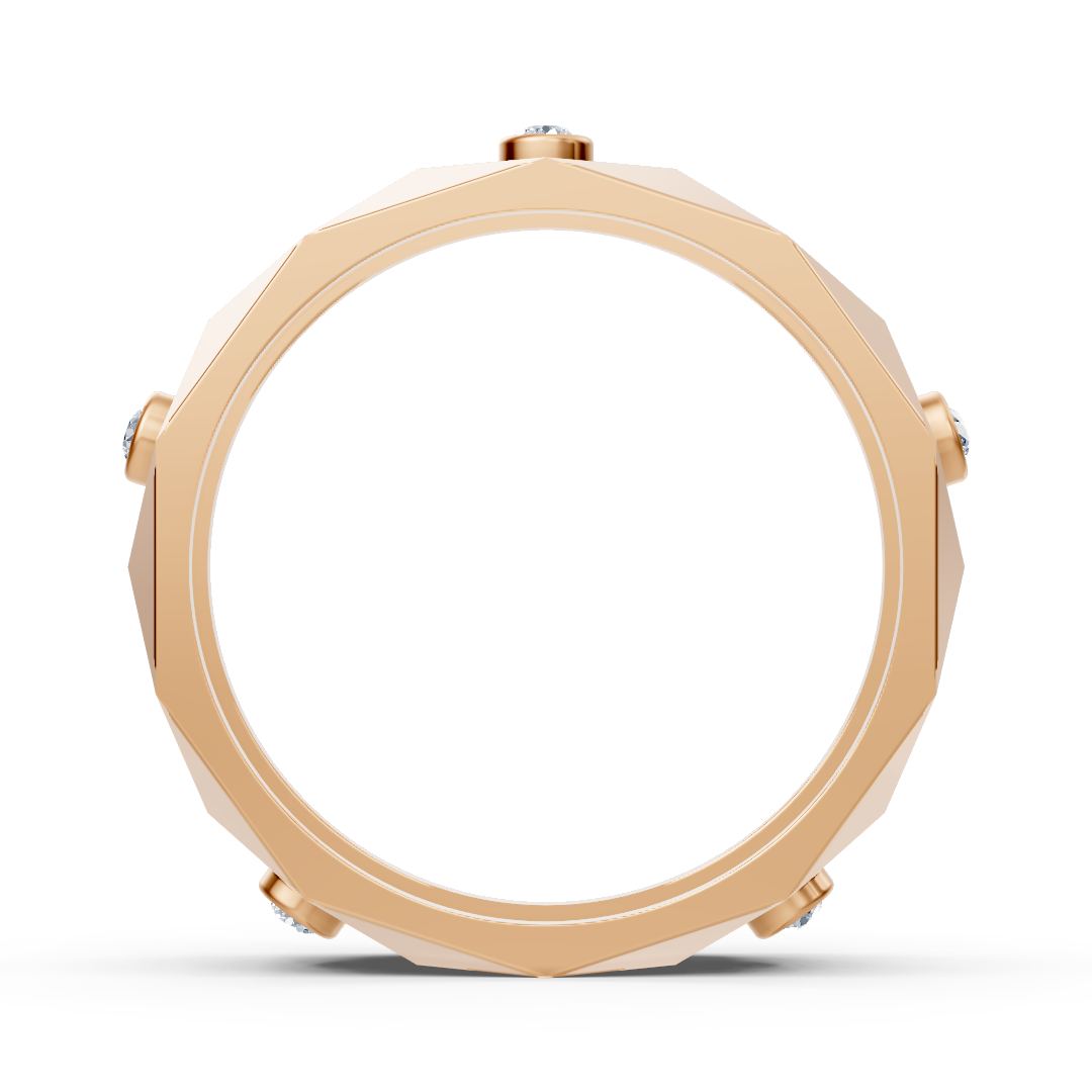 Modern rose gold ring with round diamonds in bezel design