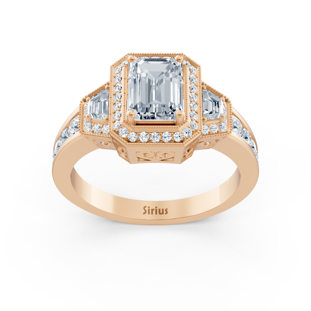 Diamond, Emerald &amp; Ruby Halo Engagement Ring in Rose Gold