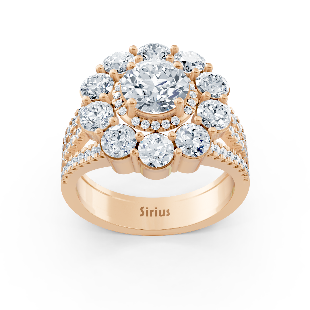 Rose gold halo ring with diamonds, emeralds &amp; rubies