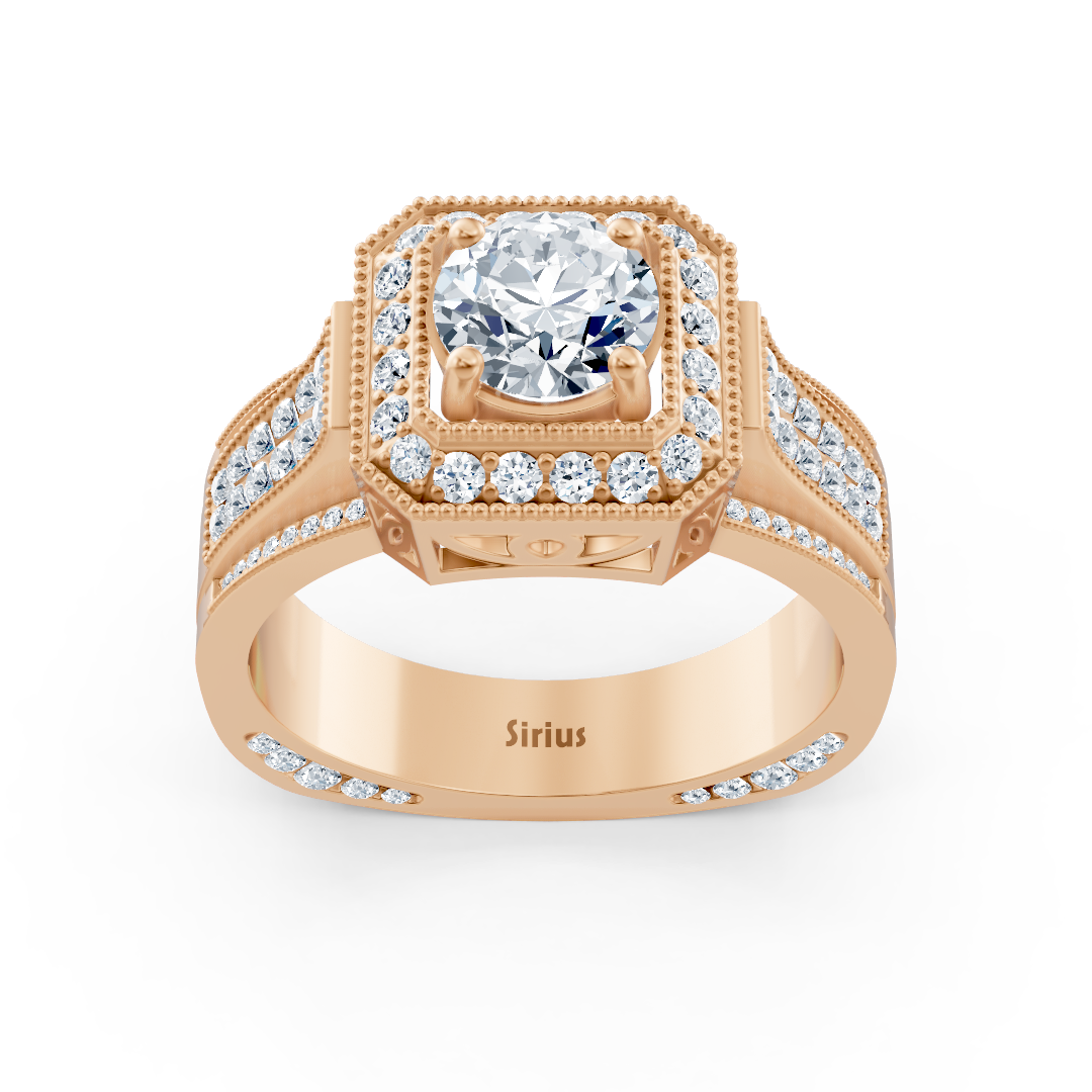 Birgie Sirius rose gold passion halo diamond ring with octagon cut ring