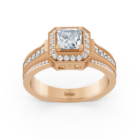 Birgie Sirius Roségold Diamant & Saphir Halo Ring mit Prinzess & Rundschliff