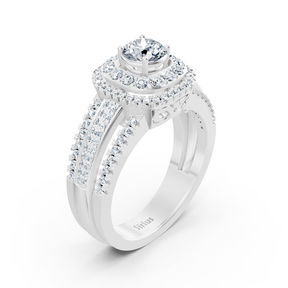 Bague double halo de diamants en or blanc